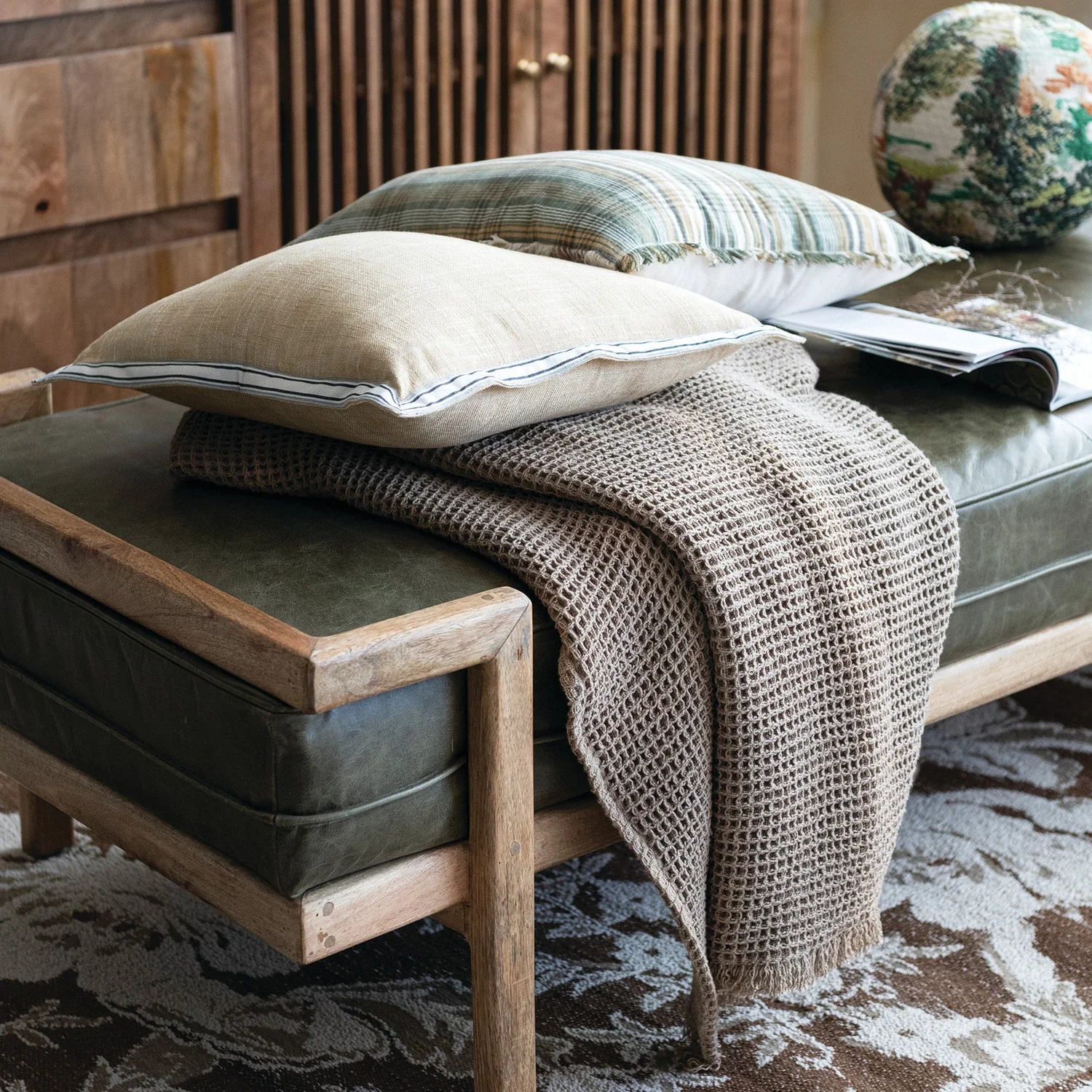 Distressed Olive Color Leather Day Bed Bench - Image 5